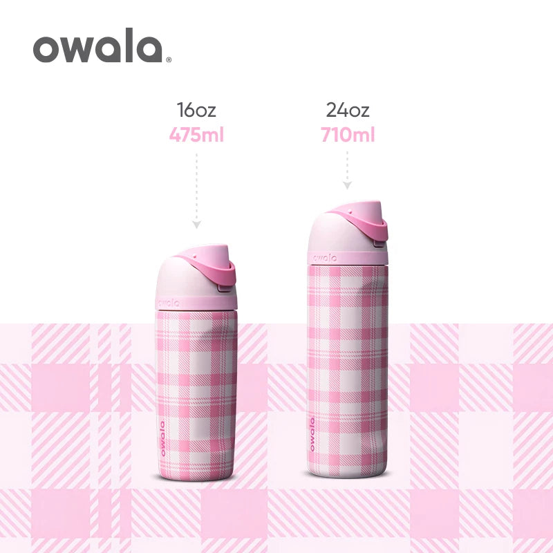Owala Highland Pink bottles showing 16 oz and 24 oz capacities