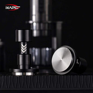 IKAPE Calibrated Impact Espresso Tamper with stainless steel base and matte black anodized aluminum handle for precise espresso tamping