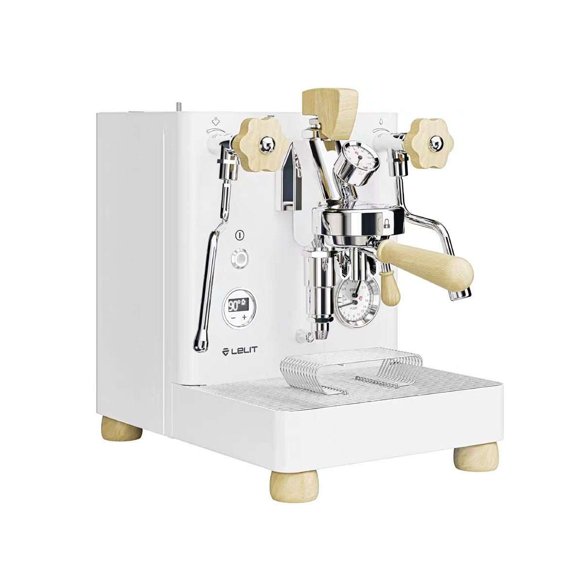 LELIT Bianca V3 Commercial espresso machine with dual boilers and wooden accents on countertop