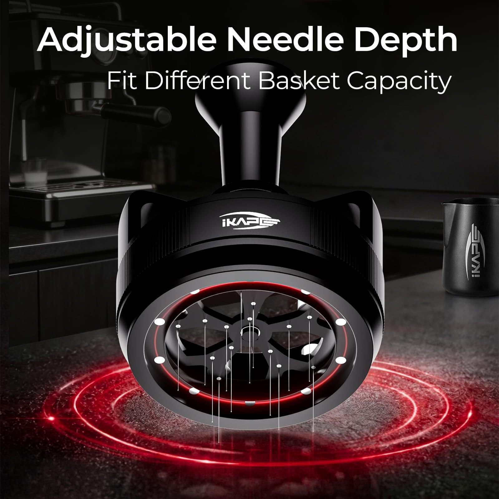 IKAPE Auto-Rotating Needle espresso distribution tool with matte black aluminum body and adjustable stainless steel needles