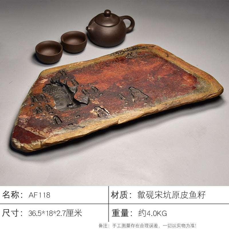 Handcrafted natural stone tea tray with traditional She Yan stone carvings for Gongfu tea ceremony
