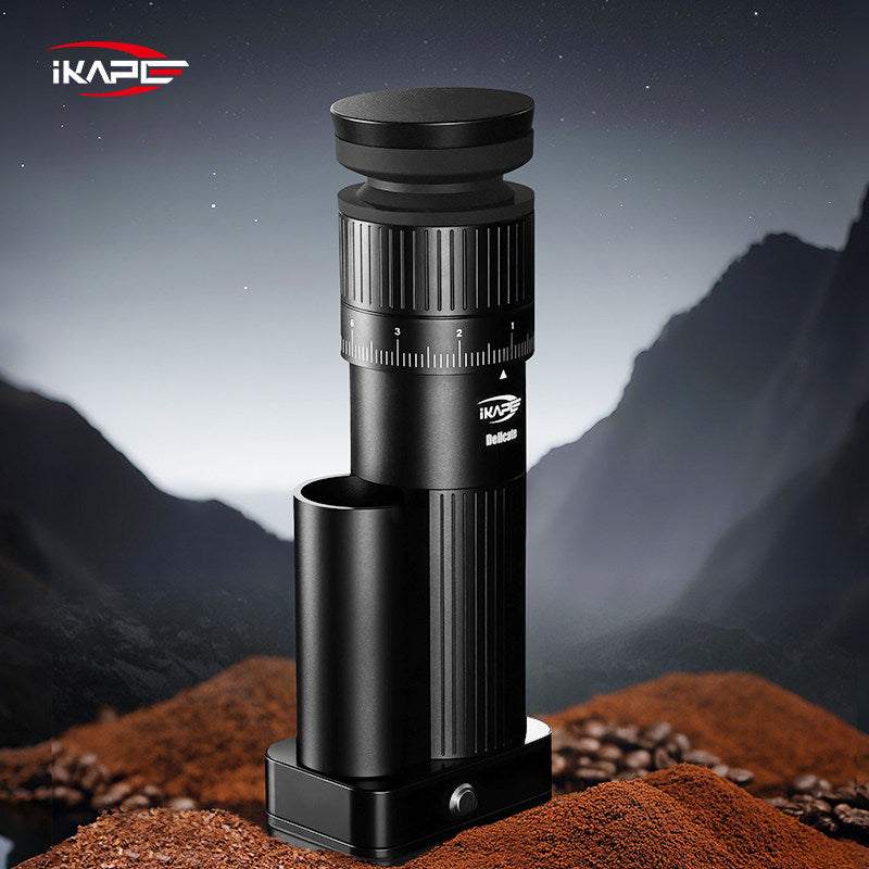 IKAPE portable electric coffee grinder for espresso with anodized aluminum body and 48mm steel conical burr
