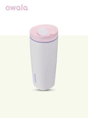 Owala insulated coffee mug in white with pink lid, front view