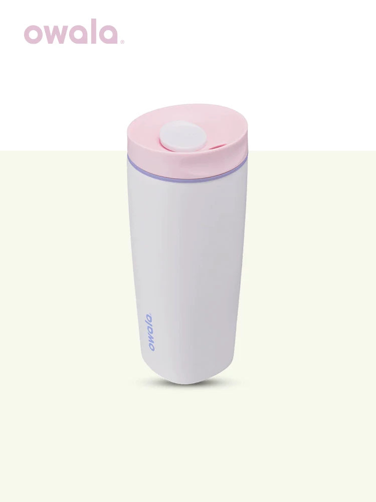 Owala insulated coffee mug in white with pink lid, front view