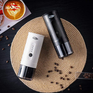 IKAPE 2-in-1 Electric Portable Espresso Maker with detachable cup and USB charging cable in black and white colors