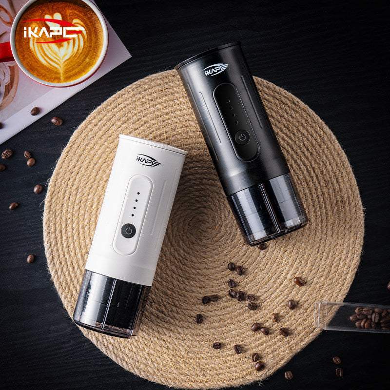 IKAPE 2-in-1 Electric Portable Espresso Maker with detachable cup and USB charging cable in black and white colors