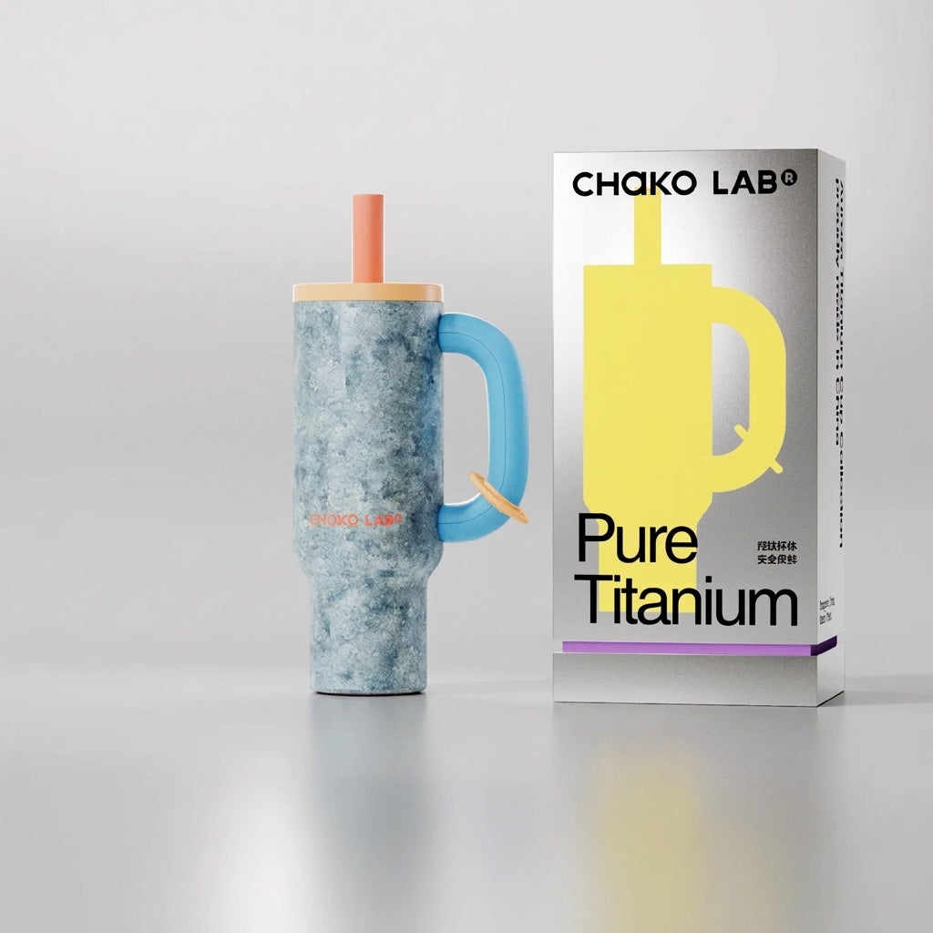 CHaKOLAB titanium tumbler in blue with packaging box