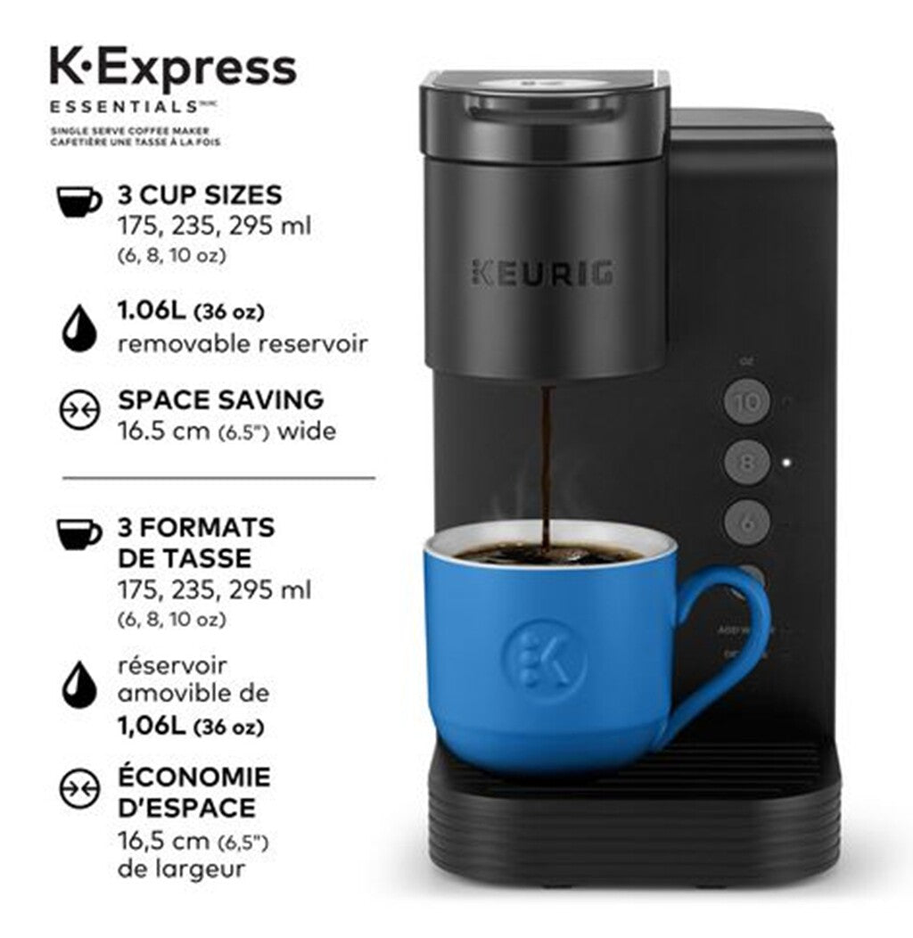 Specifications photo of the Keurig single serve coffee maker, brew sizes and removable reservoir