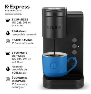 Specifications photo of the Keurig single serve coffee maker, brew sizes and removable reservoir