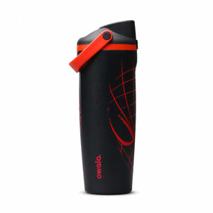 Owala FreeSip Water Bottle with Spider-Man design, insulated with covered spout and carry loop