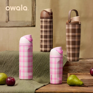 Owala plaid limited edition bottles in Highland Pink and Mocha Brown with fruit