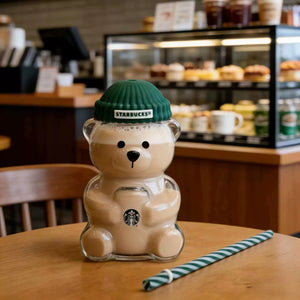 Starbucks Bearista Cup clear glass cold cup with cozy beanie lid and striped straw for iced drinks