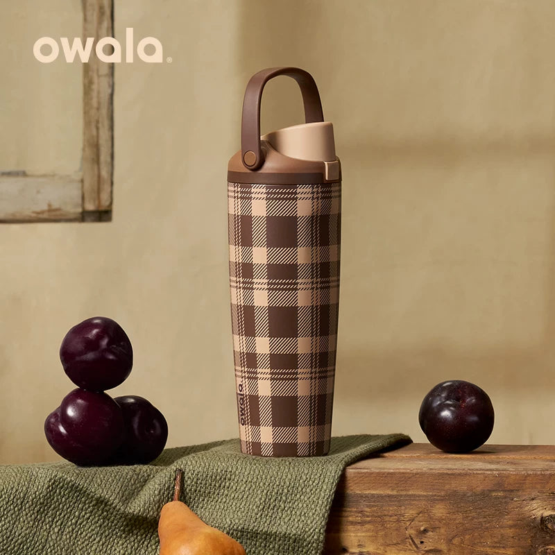 Owala Mocha Brown plaid bottle with plums
