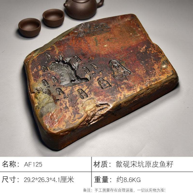 Handcrafted natural stone tea tray with traditional carvings for Gongfu tea ceremony