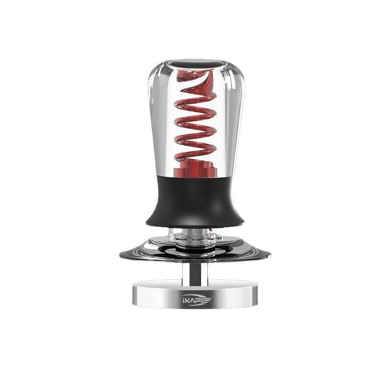 iKAPE spring loaded espresso tamper with ripple stainless steel base and transparent handle for precise coffee tamping