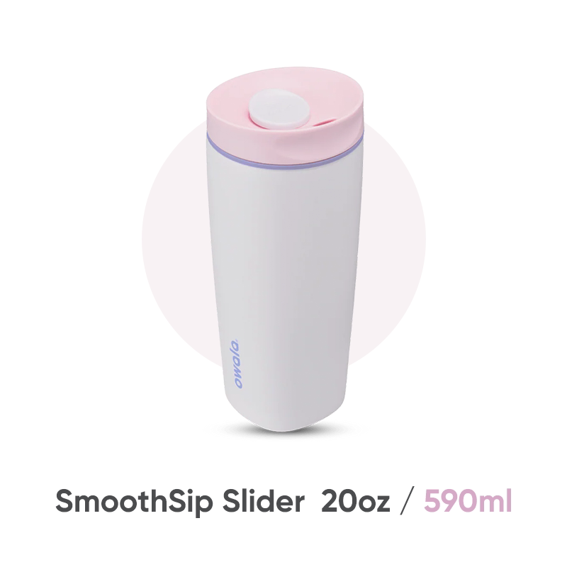 Owala insulated coffee mug in white with pink lid, angled view