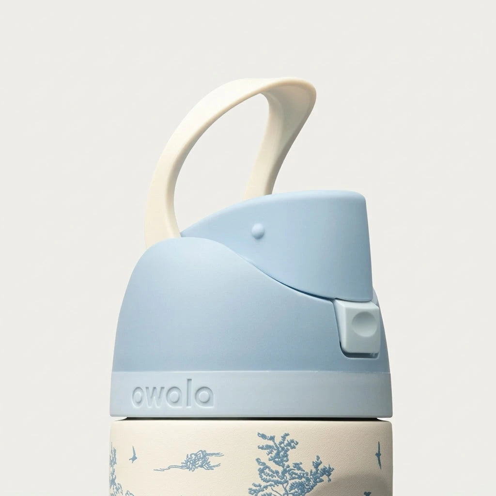 Owala FreeSip lid and spout detail on Toile Be Home floral print bottle