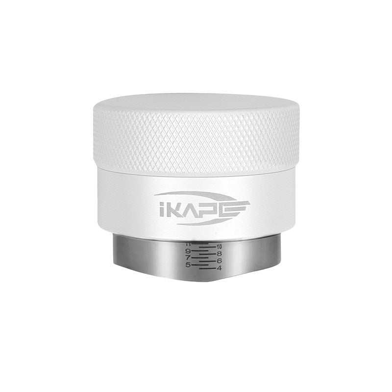 IKAPE Adaptive Gravity Espresso coffee distributor tool with stainless steel base and knurled aluminum grip for even coffee grounds distribution