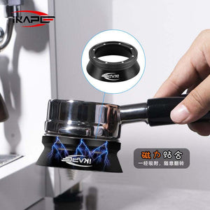 IKAPE Universal Magnetic Espresso Dosing Funnel in matte black on portafilter, anodized aluminum with magnetic base