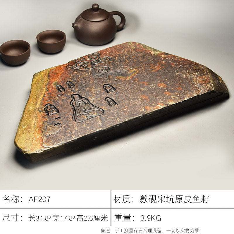 Handcrafted natural stone tea tray made from She Yan stone with intricate traditional carvings for Gongfu tea ceremony