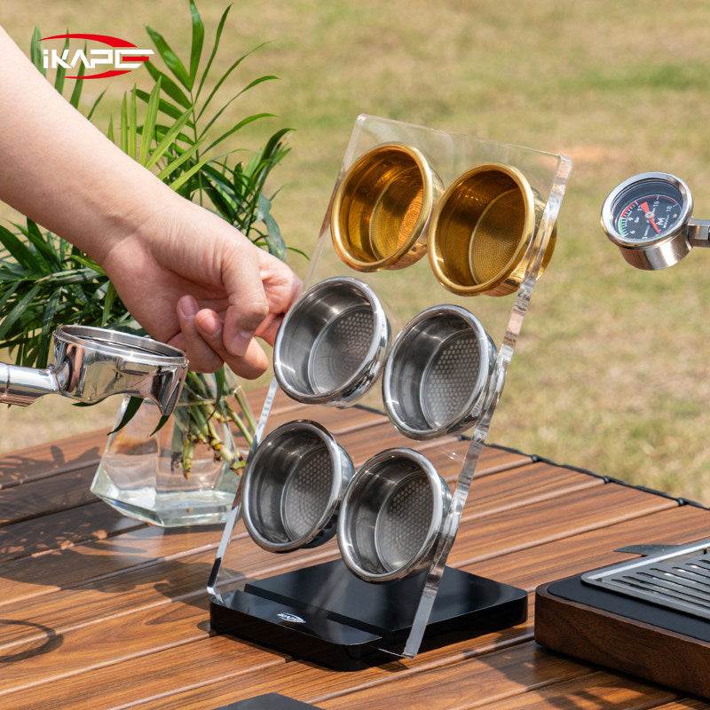 IKAPE Clear Acrylic espresso filter basket holder stand with 6 slots and black ABS base on countertop