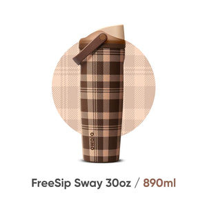 Owala Mocha Brown plaid bottle side view capacity photo