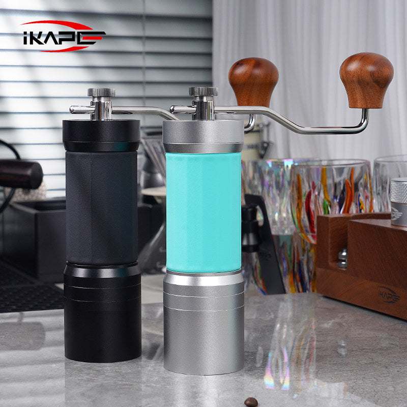 IKAPE Manual Coffee Grinder with adjustable settings and solid wood handle on a white background