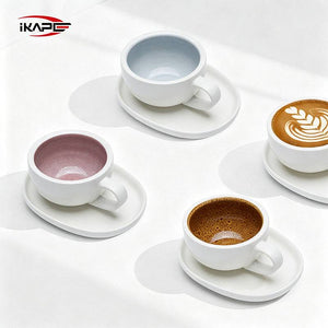 IKAPE Ceramic Coffee Cup with saucer set 300ml white matte exterior and glazed interior