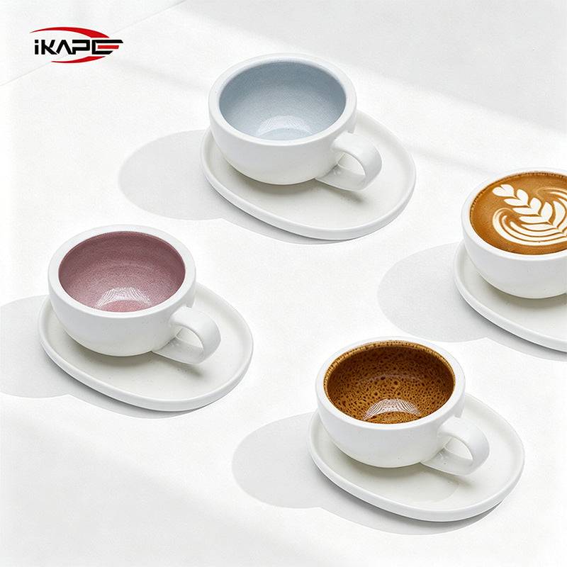 IKAPE Ceramic Coffee Cup with saucer set 300ml white matte exterior and glazed interior