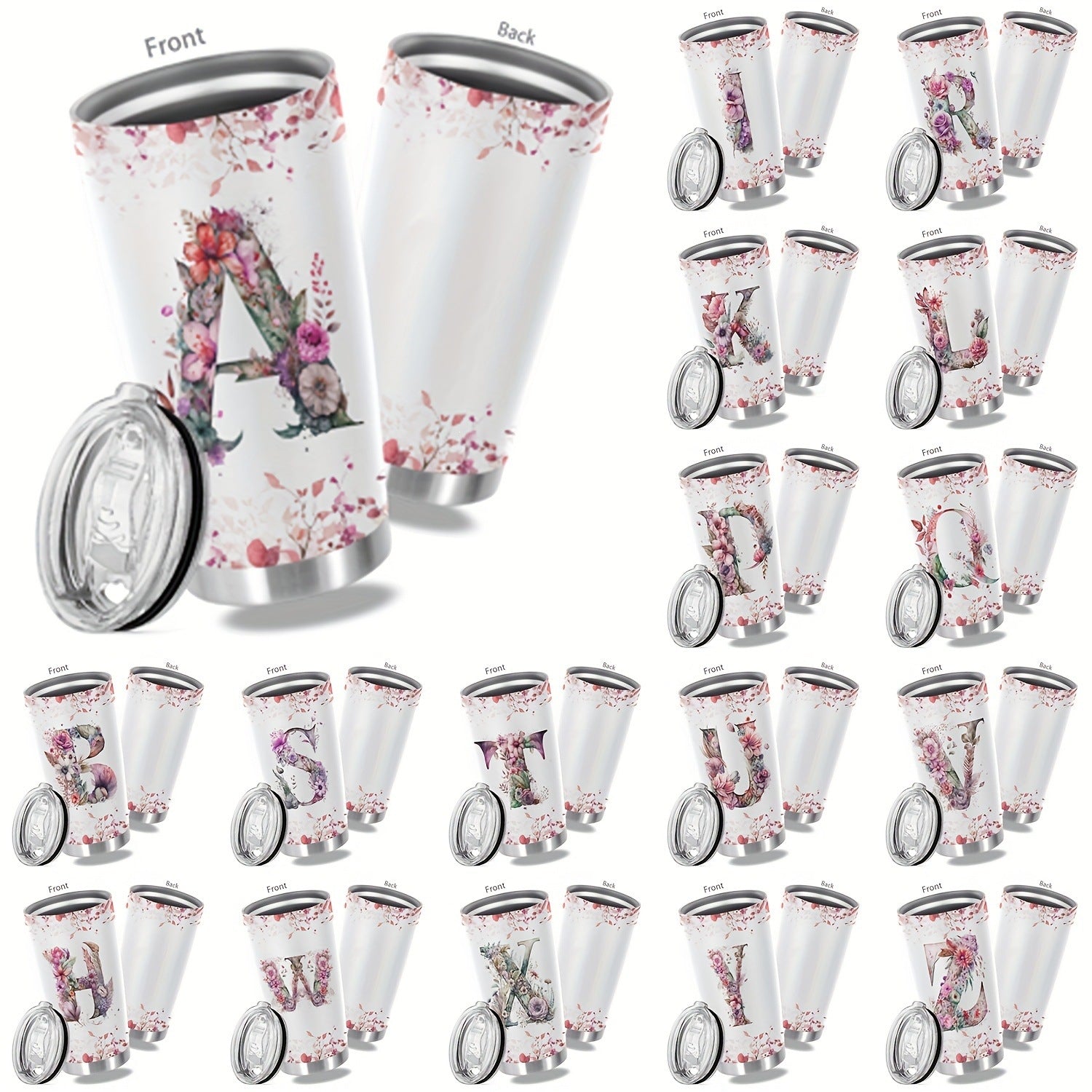 Floral Initial 20oz Stainless Steel Tumbler | Cup To Machine