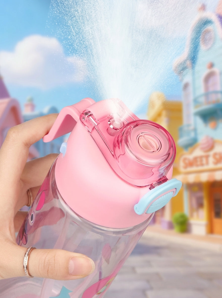 Character spray water bottle for children with a drinking straw