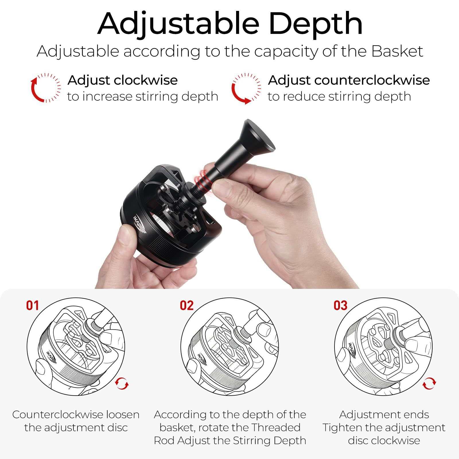 IKAPE Auto-Rotating Needle Espresso Distribution Tool matte black with adjustable stainless steel needles for even coffee puck distribution