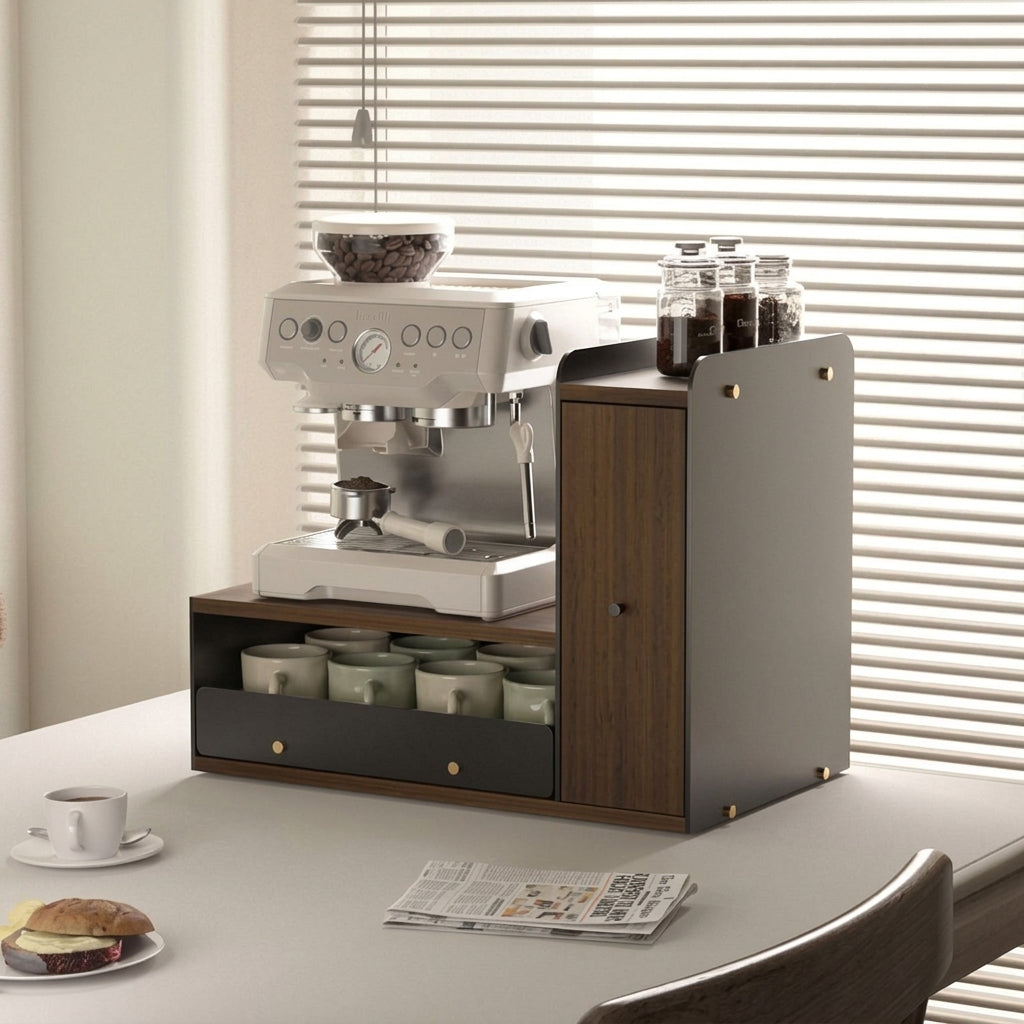 Coffee station organizer stand in wood and acrylic, front view