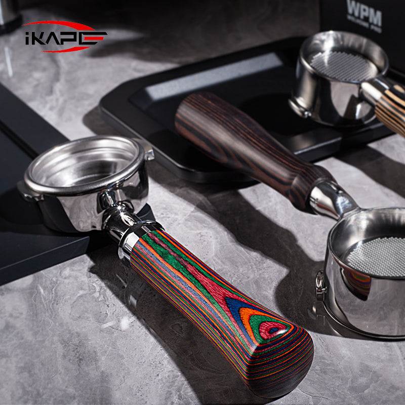 IKAPE Rainbow Wood Handle bottomless espresso portafilter with vibrant Aurora wood handle and stainless steel basket