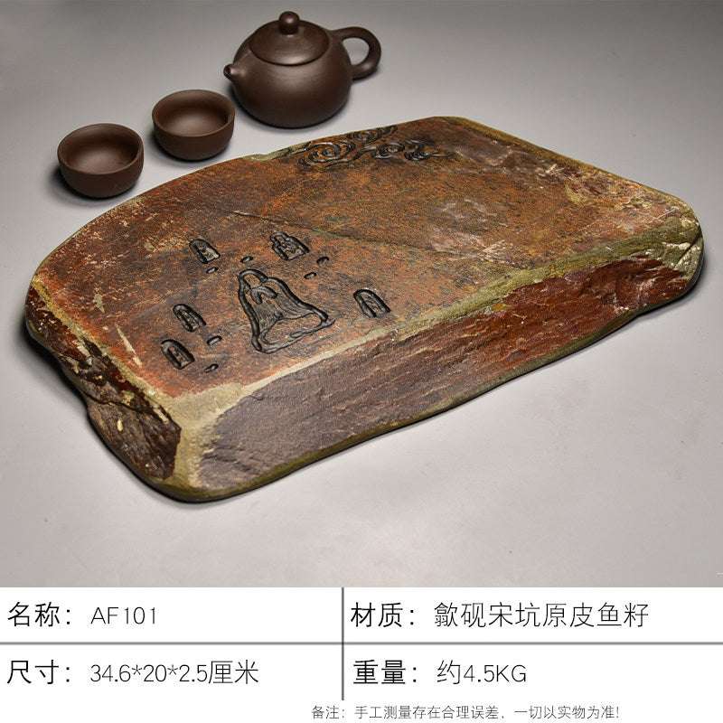 Handcrafted natural stone tea tray with traditional carvings for Gongfu tea ceremony