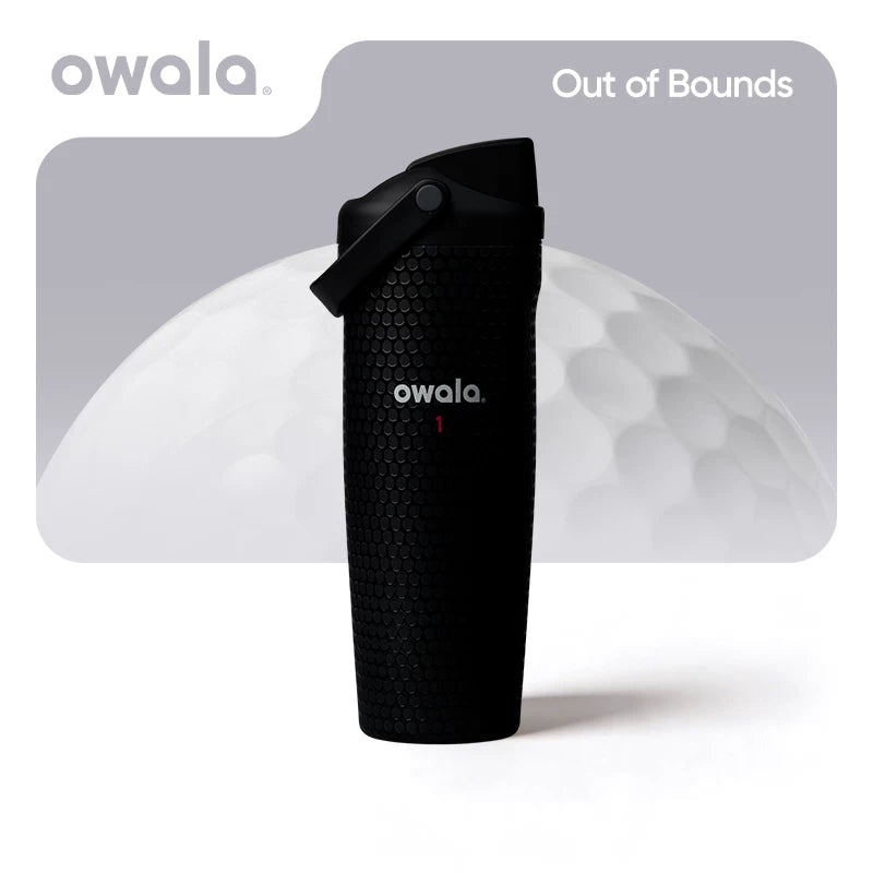 Side view of Owala Out of Bounds bottle with golf ball