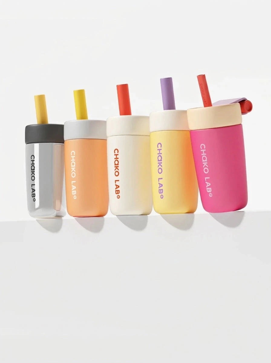 CHaKOLAB insulated tumbler, five colour options in a row showing white, orange, yellow, and pink
