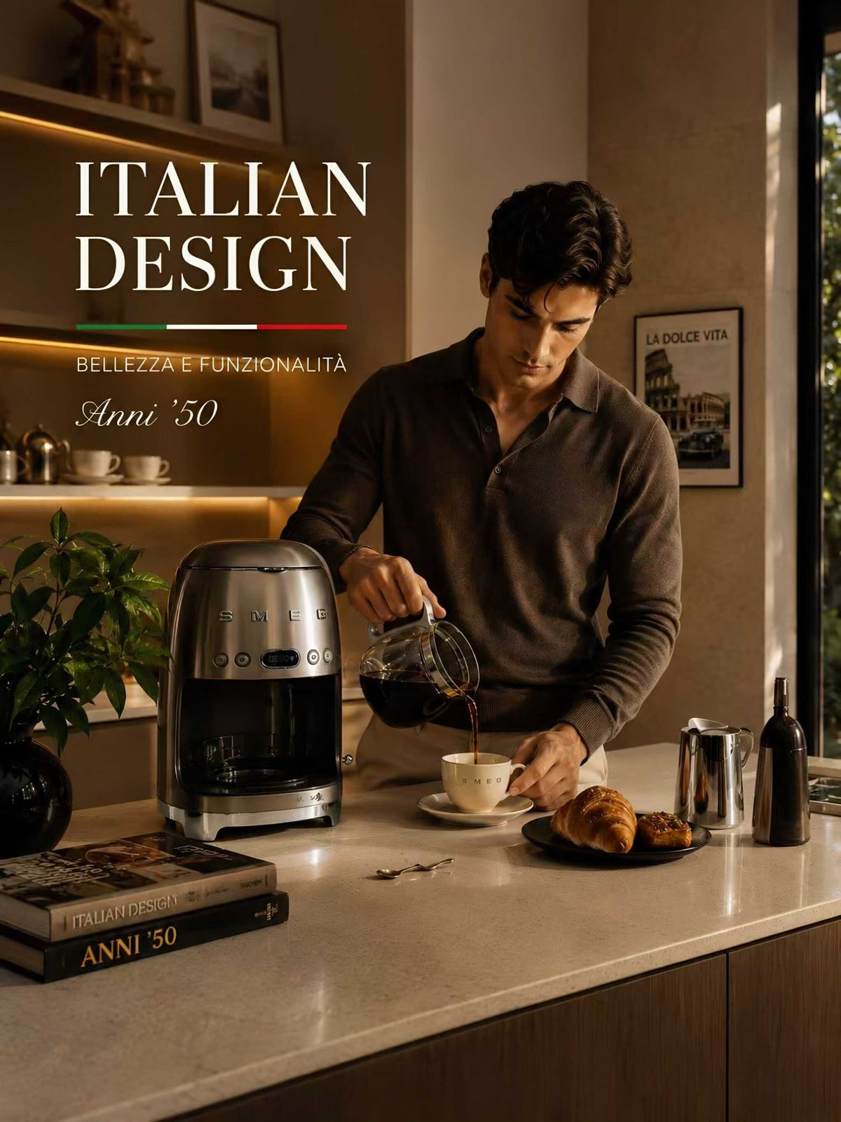 SMEG drip coffee machine with a curved retro body, product photo