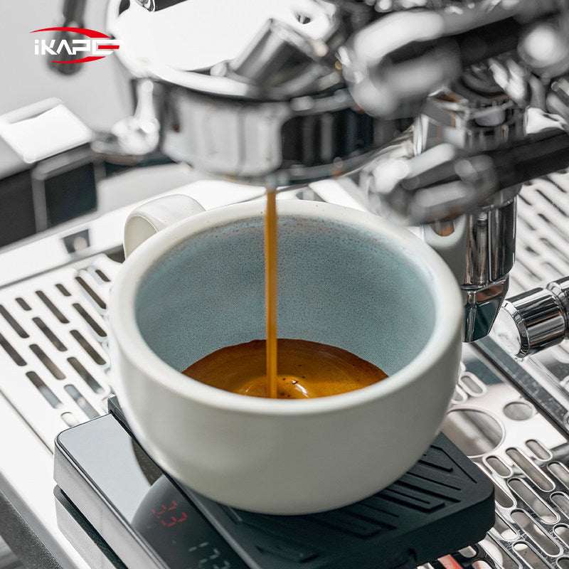 IKAPE Ceramic Coffee Cup 300ml with matte white exterior and glazed interior on oval saucer