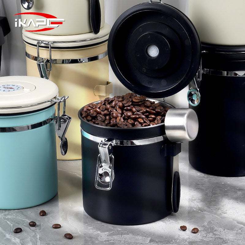 IKAPE Stainless Steel Date Tracker Airtight Coffee Canister with clear window and scoop