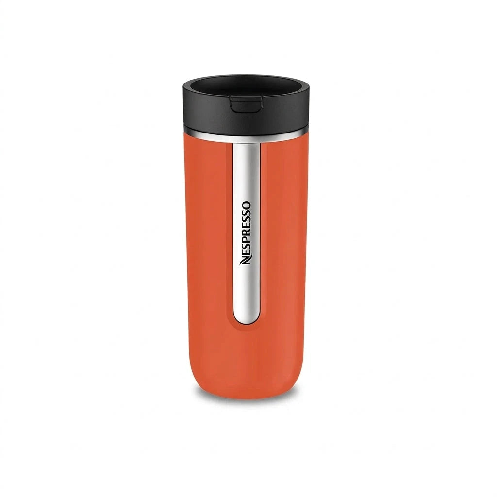 Orange insulated travel coffee mug, front view