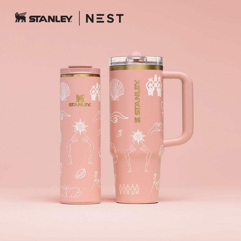 Stanley x NEST limited edition insulated travel bottles with artistic designs and cultural motifs