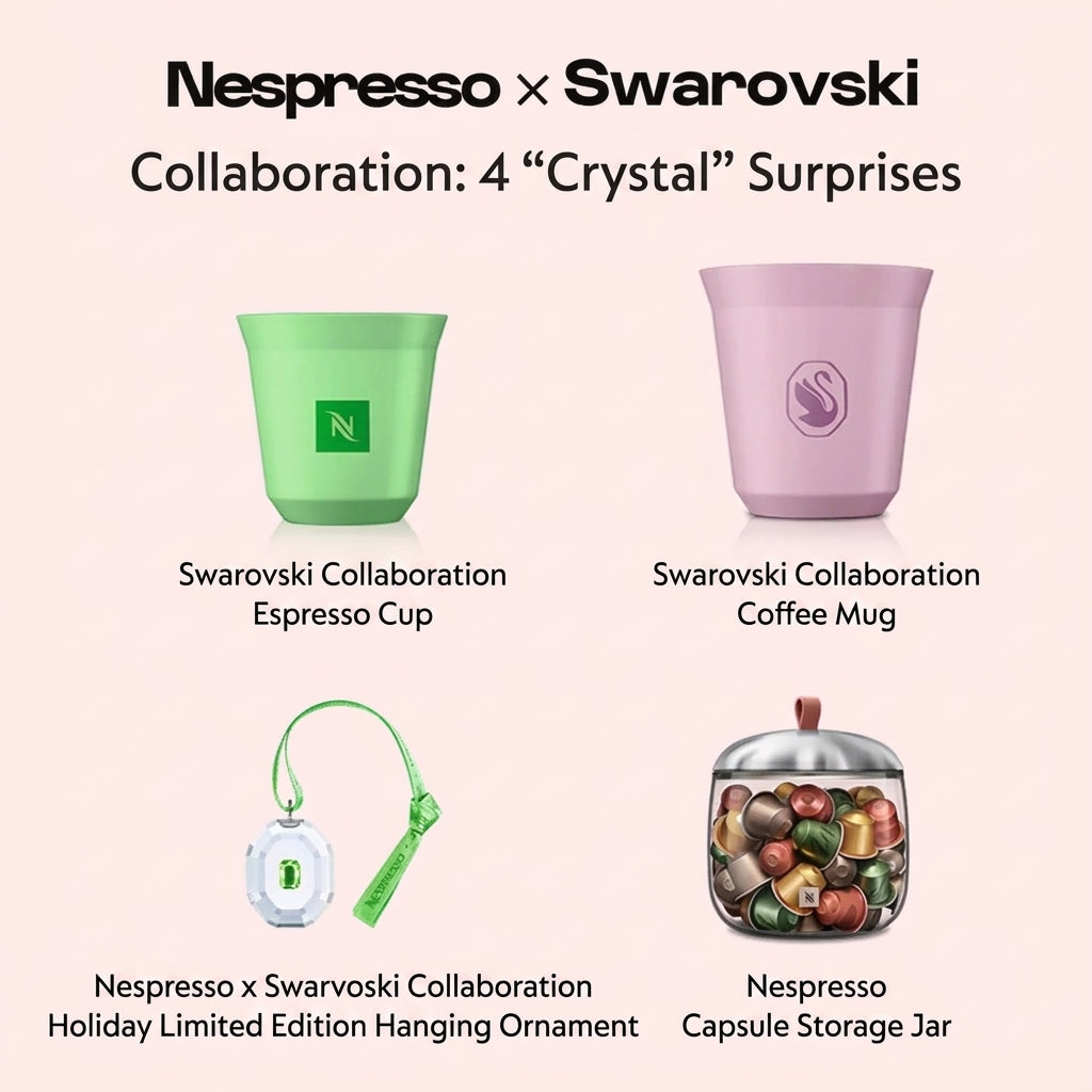 Nespresso Swarovski Edition gift items, green cup, pink cup, capsule pendant and storage jar