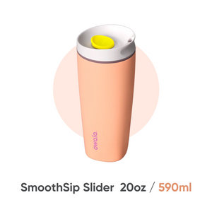 Owala insulated coffee mug in peach, angled view