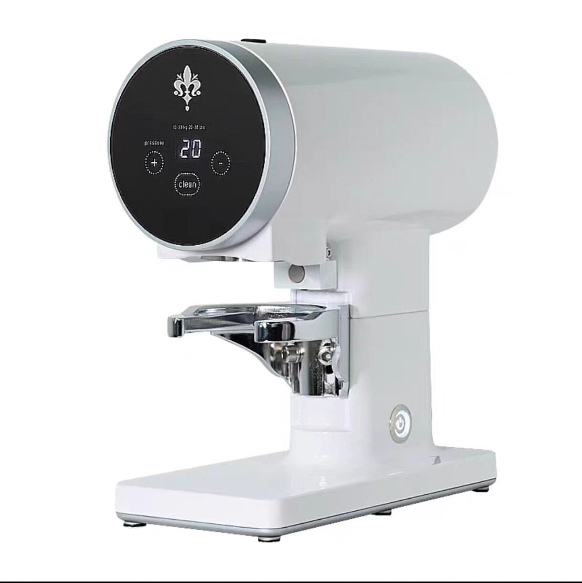 Eureka Disko electric tamper in white, side view on a white background