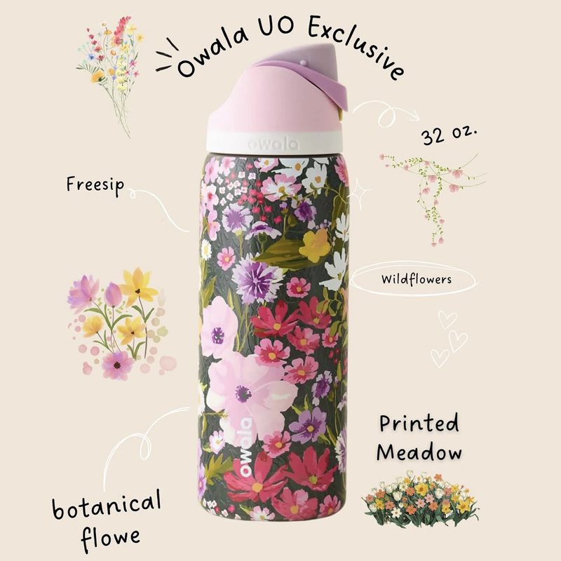 Owala FreeSip UO floral bottle specifications photo showing 32 oz capacity
