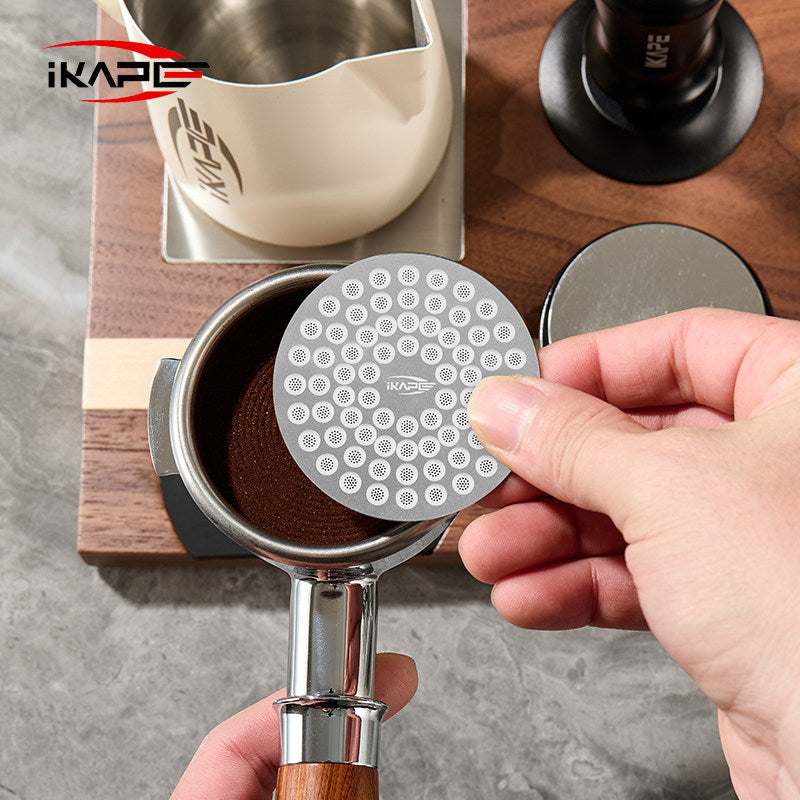 IKAPE stainless steel reusable espresso puck screen for uniform water distribution and group head protection