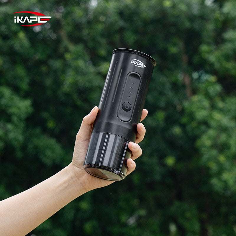 IKAPE 2-in-1 Electric Portable Espresso Maker black compact handheld coffee machine with clear cup and USB cable