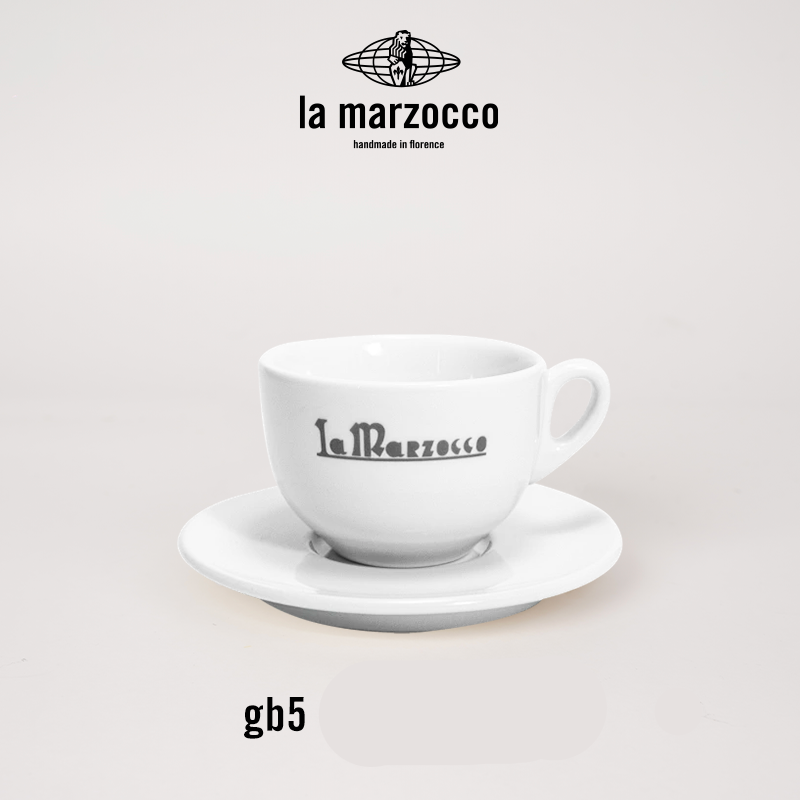 La Marzocco Heritage ceramic coffee cup and saucer set with sleek Italian design and high-gloss finish