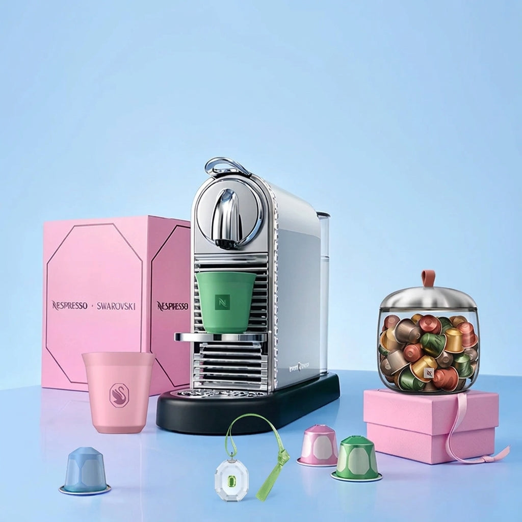 Nespresso Citiz Swarovski Edition product set with machine, pink boxes, cups, storage jar and capsule pendant